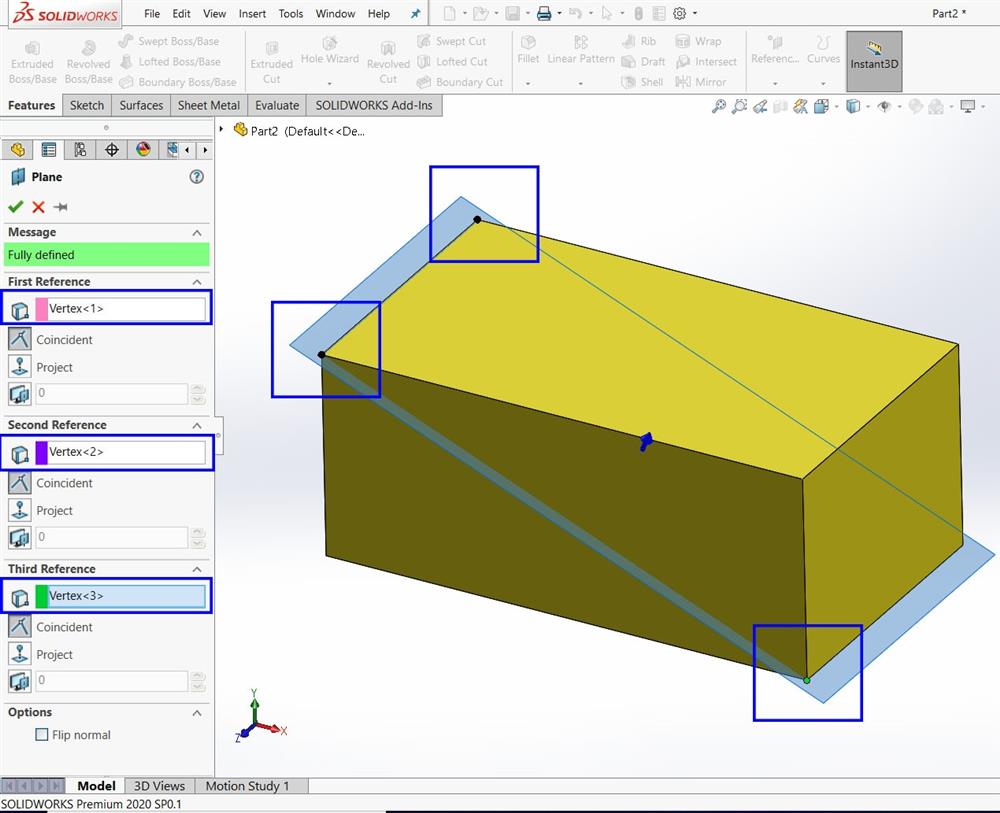 ایجاد صفحه توسط دستور Plane در SOLIDWROKS یکی از دستورات ابزار Reference Geometry